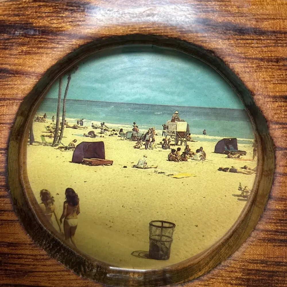Belize Art Creations Wood Wall Plaque 1970s Island Beach Scene Print Porthole